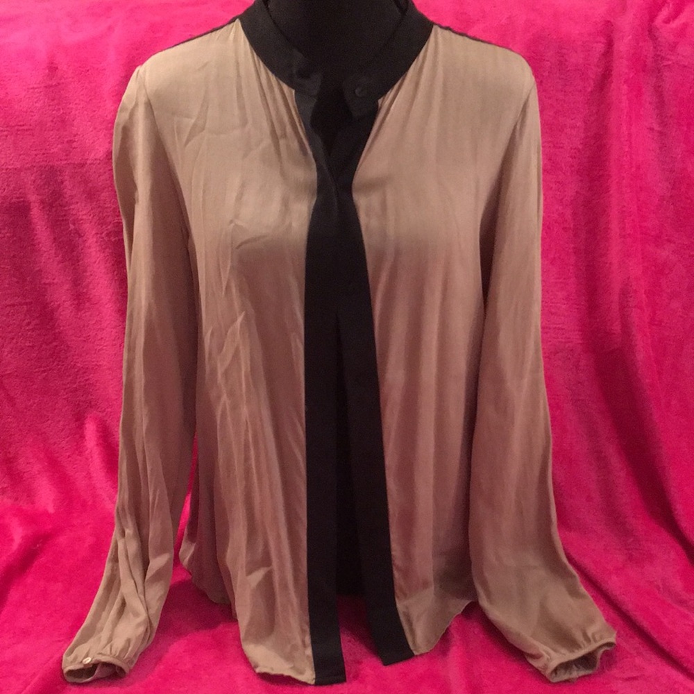 Theory Beige and Black Contrast Silk Blouse